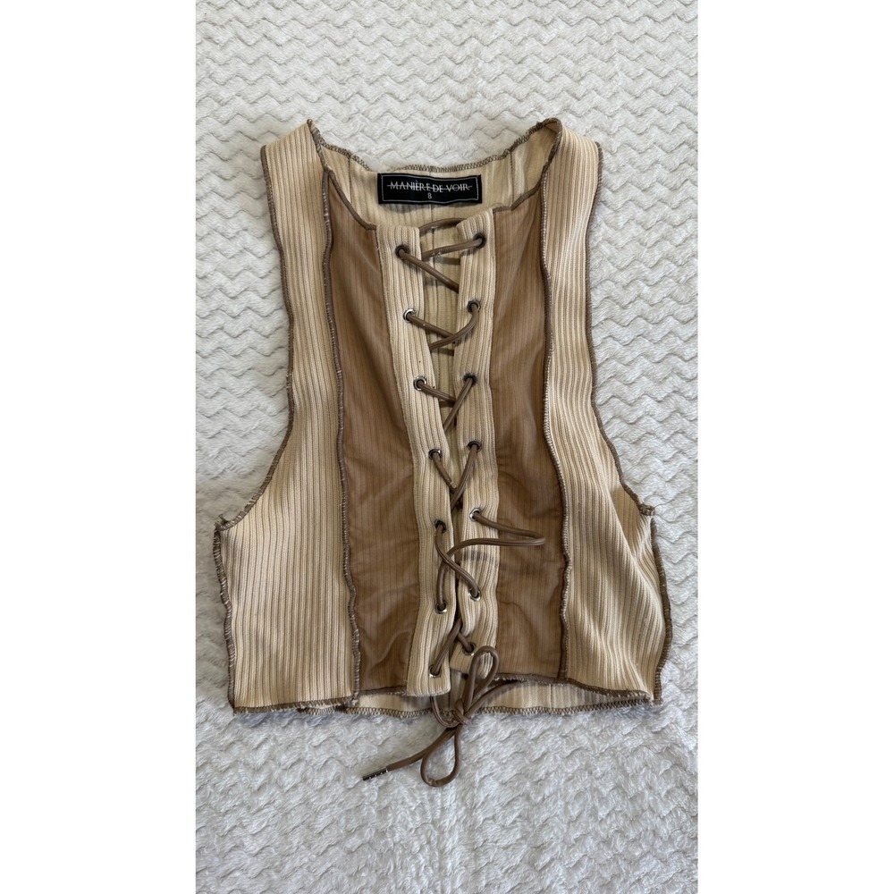 Maniere De Voir Womens Ribbed Lace Up Corset Top Tan Brown Mesh Panel Size 8